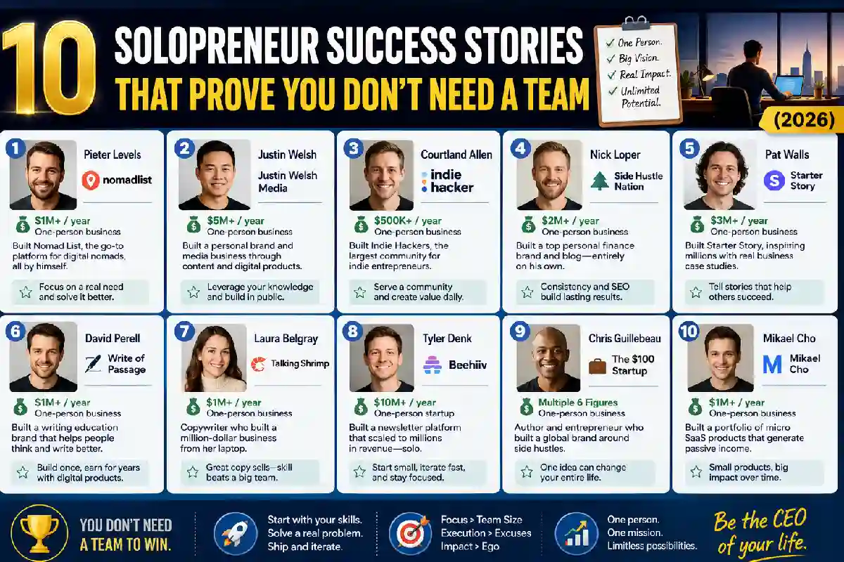 10 Solopreneur Success Stories That Prove You Don’t Need a Team (2026) 10 Solopreneur Success Stories That Prove You Don’t Need a Team (2026)