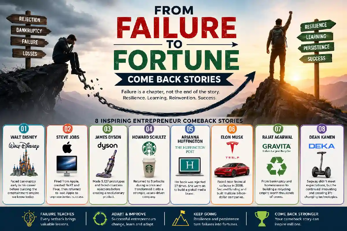 From Failure to Fortune: 8 Entrepreneur Comeback Stories (2026) From Failure to Fortune: 8 Entrepreneur Comeback Stories (2026)