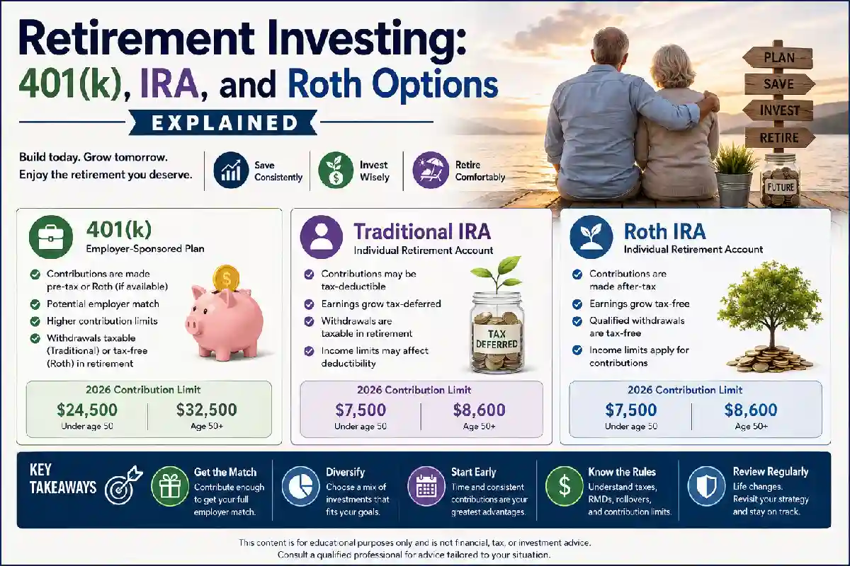 Retirement Investing: 401(k), IRA, and Roth Options Explained Retirement Investing: 401(k), IRA, and Roth Options Explained